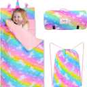 Nap Mat Unicorn Sleeping Bag with Reusable Pillow and Blanket Slumber Bag Daycare (Pink Rainbow Unicorn)