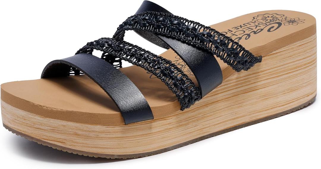 Skechers Women's Summers Wedge Sandal (5, Black)