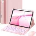 for iPad 11th (A16, 2025) / 10th Generation Case with Keyboard, Mouse and Detachable Wireless Keyboard, 7-Color Backlight, Slim Case with Pencil Holder, Pink
