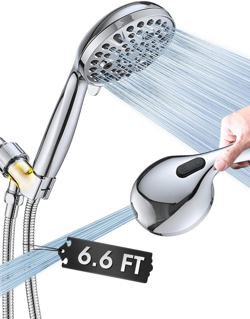 High Pressure 10 Setting Handheld Shower Head, 5" Detachable Showerhead Spray Built-in Power Wash to Clean Tub, Tile & Pets, 79" Extra Long Stainless Steel Hose, Adjustable Bracket - Chrome