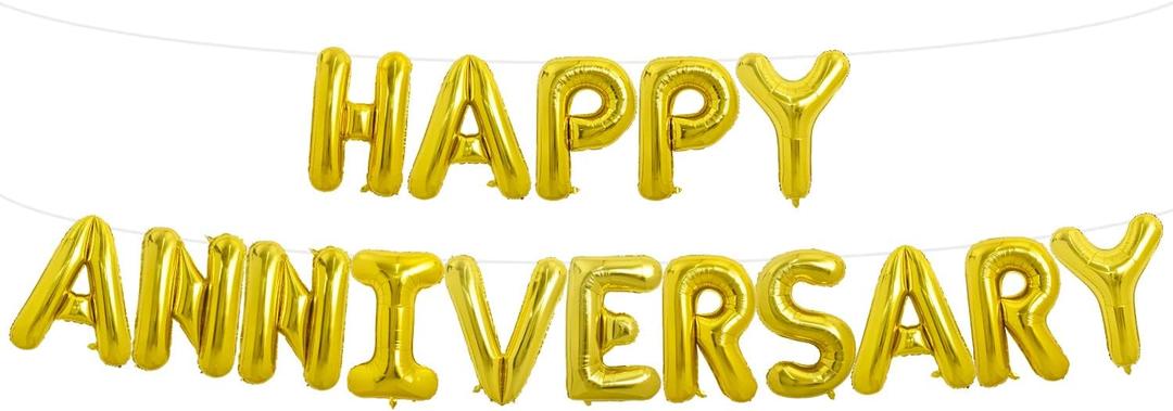 TONIFUL HAPPY ANNIVERSARY Letter Balloons - 16 Inch Gold Wedding Foil Balloons Banner Reusable Material for Bachelorette Party Anniversary Couple Party Decorations