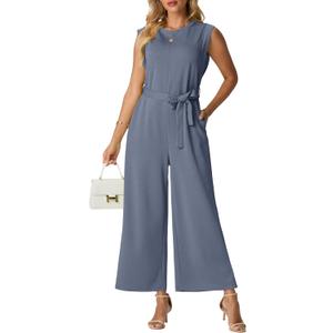 Lepunuo Jumpsuits for Women Dressy Casual Crewneck One Piece Overalls Wide Leg Jumpers Wrinkle-Free Tie Knot Rompers Small