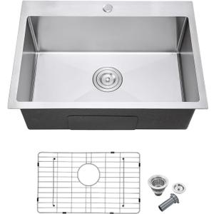 24 inch Drop-In Single Bowl Kitchen Sink 304 Stainless Steel Brushed, D24" x W18" x H9"