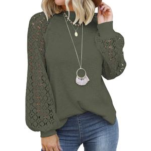 MIHOLL Women's Long Sleeve Tops Lace Casual Loose Blouses T Shirts (Large, Green)