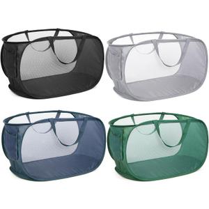 4 Pack Durable Collapsible Laundry Baskets, Mesh Foldable Laundry Basket, Pop Up Laundry Hamper with Pocket, Clothes Hamper with Reinforced Handles for Laundry, Bathroom, Kids Room, Dorm or Travel (Gray+Black+Navy+Green)