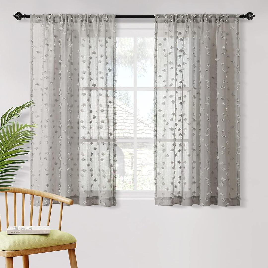 MYSKY HOME Grey Sheer Short Curtains for Kitchen 54 inch Long with Pom Pom Small Windows Bedroom Nursery Kids Girls Room Curtains Cafe Light Filtering Boho Drapes, Rod Pocket,52" Wide, 2 Panels