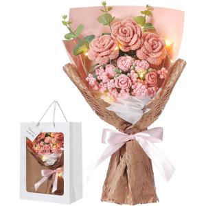 Graduation Crochet Flowers Bouquet Gift Completed Handmade Artificial Knitted Flowers Rose Bouquet Gift for Birthday Wedding Memorial Day Teacher'day Home Decor(Pink)