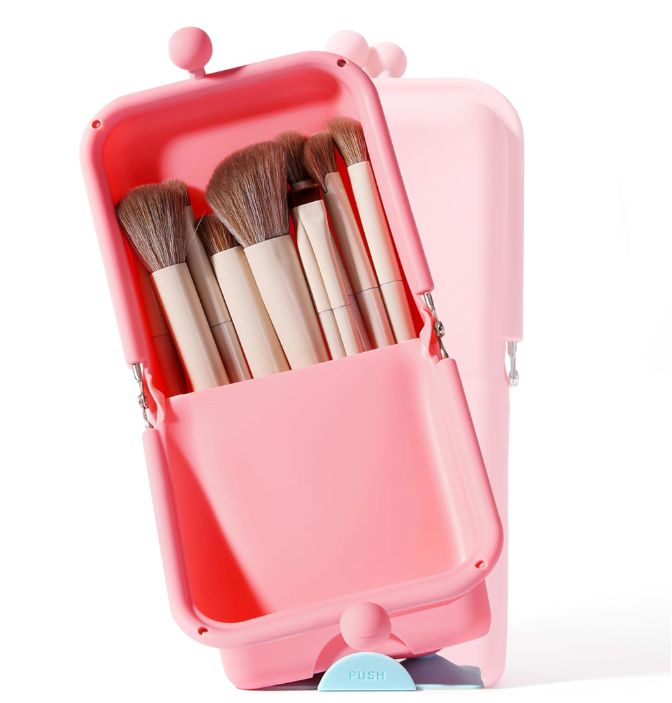 APT 1101 Makeup Brush Holder Travel Cosmetic Bag with Suction Base, Portable Cosmetic Organizer for Travel & Home, Organizer for Brushes, Beauty Tools & Accessories (Coral)