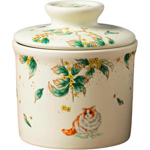 Stoneware Butter Crock with Lid, Ceramic Butter Dish with Water Line, Countertop Butter Keeper, Butter Holder for Countertop, Warm Ivory