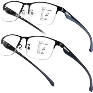 SKYOAK 2 Pack Premium Quality Progressive Multifocus Half Frame Reading Glasses for Men, No-Line Blue Light Blocking Computer Readers Multifocal Eyeglasses with TR90 Temples, Black and Gunmetal +1.75x