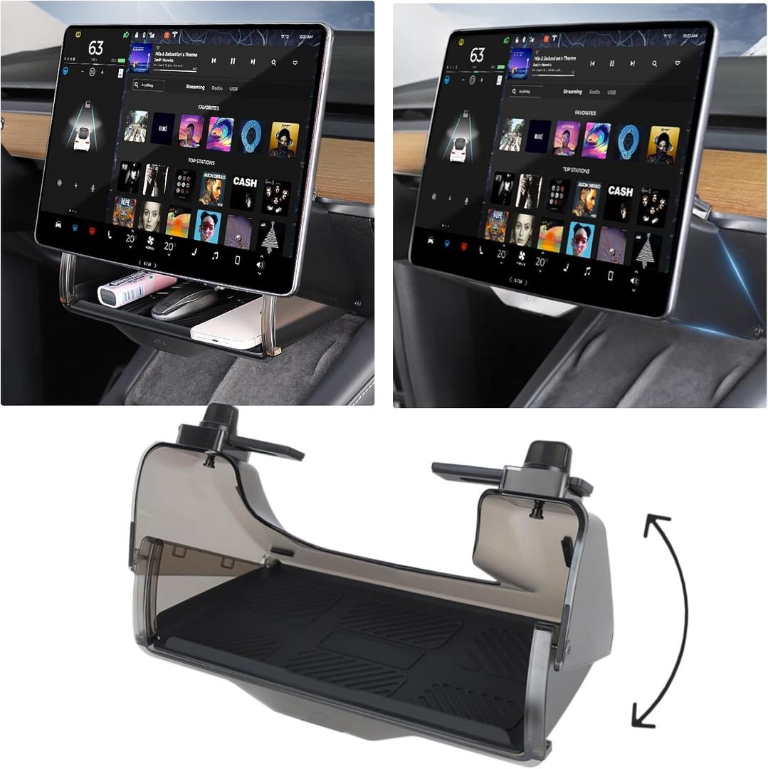 for Tesla Model Y/3 Under Screen Storage Shelf Organizer Tray Box Open-Close Hidden Center Console Organizer for Tesla Model 3 Model Y Accessories (Transparent Black)