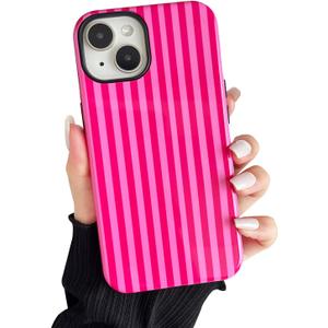 Compatible with iPhone 13/14 Case, Cute Fashion Aesthetic Striped Pattern Cover for Women, Shockproof Soft TPU and Hard PC Protective Phone Case for iPhone 13/14 6.1"- Hot Pink
