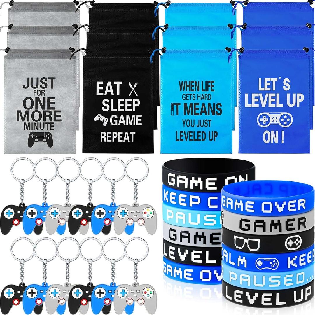 Shappy 36 Pieces Video Game Party Favors Includes Video Game Bracelets Wristbands Gaming Party Bags with Drawstring Game Controller Keychains for Video Game Birthday Party Favors Supplies