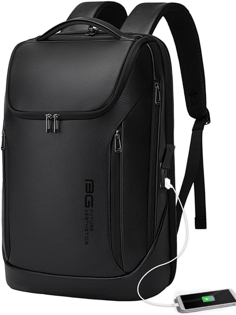 BANGE Business Smart Backpack Waterproof fit 15.6 Inch Laptop Backpack with USB Charging Port,Travel Durable Backpack (Leather)
