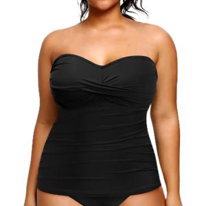 Aqua Eve Plus Size Tankini Top Only Bandeau Swim Top Strapless Swimsuit Top Twist Front Bathing Suit Top No Bottom (Black) 14W