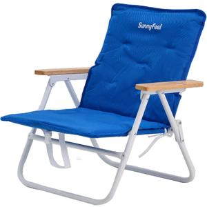 SUNNYFEEL Foldable Beach Chair, Beach Chair Backup with Wood Armrest & Cushion, Lightweight Camping Chair Heavy Duty for Beach, Camping, Lawn, Outdoor, Blue