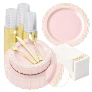 Fijinhom 350 PCS Pink Disposable Plates, Elegant Dinnerware Set for 50 Guests, 100 Plastic Plates, 150 Silverware, 50 Cups & 50 Paper Napkins, Pink
