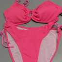 ZAFUL Women's Sexy Tie Spaghetti Strap Bikini Textured O Ring Ruched High Leg Swimsuit Cheeky Bathing Suits (4-red Grid, L)