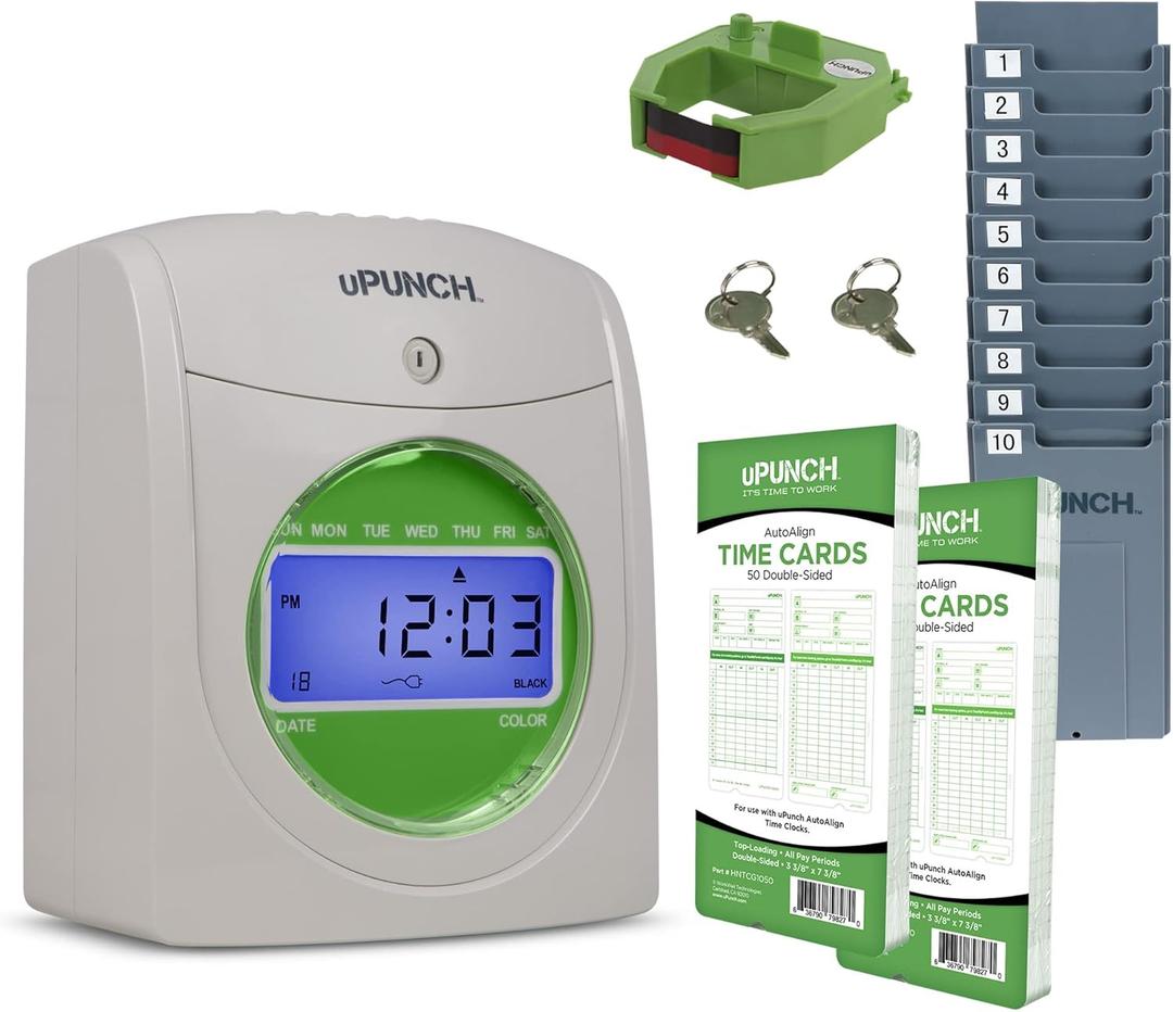uPunch HN1500 Starter Time Clock Bundle for Small Business: Employee Punch Clock System with 100 Time Cards, Card Rack, and Ribbon uPunch HN1500 Starter Time Clock Bundle for Small Business: Employee Punch Clock System with 100 Time Cards, Card Rack, and Ribbon