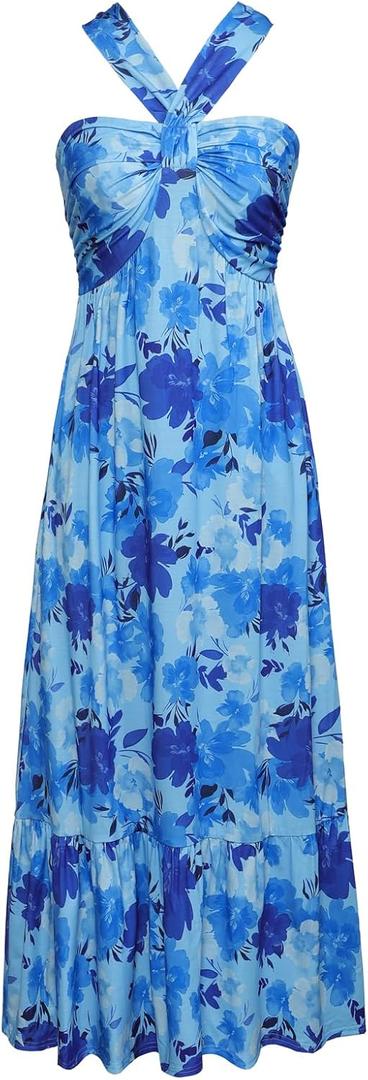 GRACE KARIN Women's Summer Floral Dresses 2026 Boho Maxi Dress Flowy Halter Sundress Casual Vacation Beach Clothes with Pocket (Blue, L)