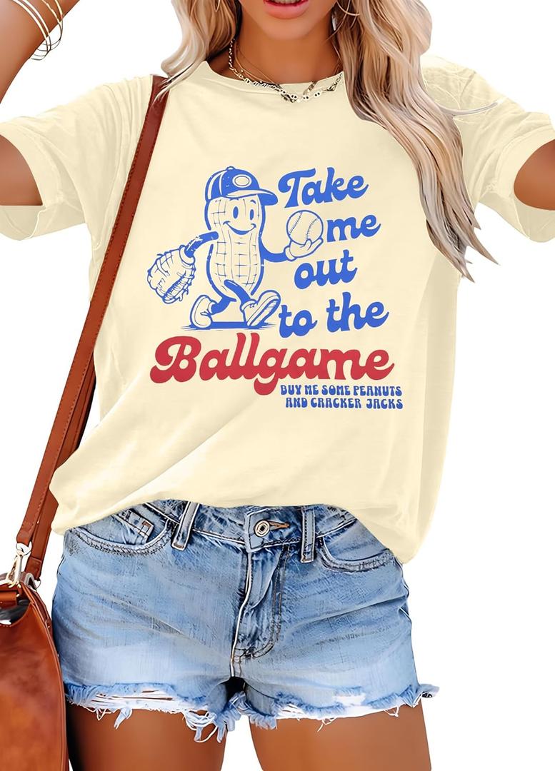 ALLTB Baseball Shirts Women Funny Baseball Mom Shirt Ballgame Graphic Tshirt Game Day Fan Tee Casual Short Sleeve Top (Beige, L)