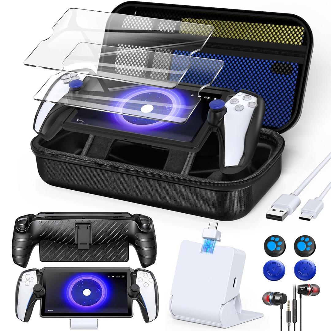 KOVA 13 in 1 Accessories Set for Playstation Portal Remote Player, Carrying Case for PS Portal ,TPU Shell Cover Skin with Kickstand,Portable Charging Dock,2 HD Screen Protector,4 Thumb Grip,Earbud Headphones for PS5 Portal Bundle (Black)