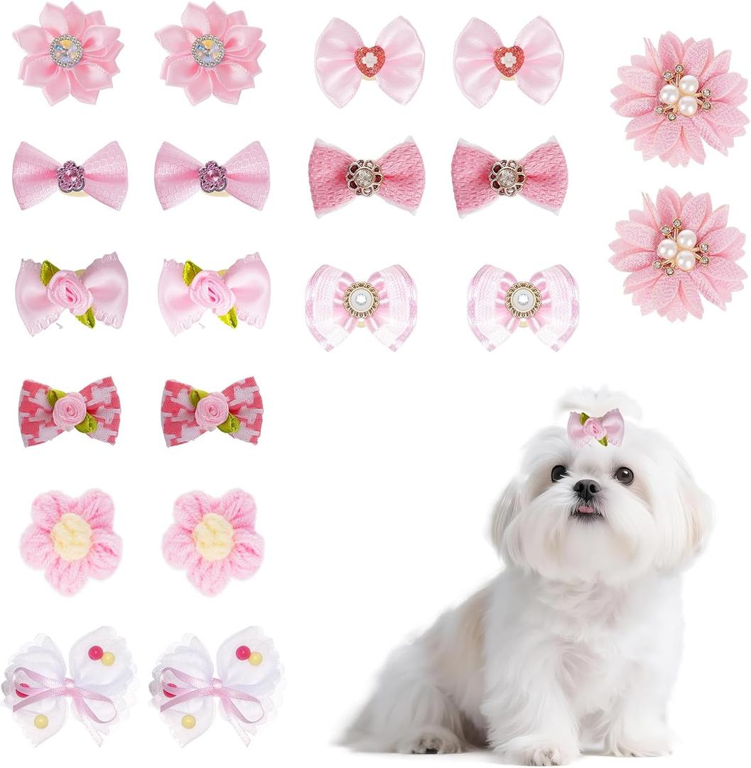 20Pcs Dog Hair Bows Puppy Rubber Bands Hair Accessories Flower Knot Decoration for Puppy Cat Pet Girl Photo Birthday