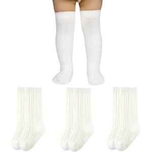 Baby Knee High Socks, Toddler Knee High Socks Newborn Little Boy Girl Knit Cotton Stockings 0-36 Months (0-12 Months, 3 Pairs)