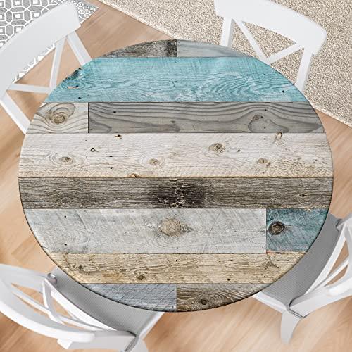 Eiuflka Farmhouse Round Fitted Tablecloth with Elastic Edge Wood Texture Outdoor Tablecloth Waterproof Table Cover for Kitchen Picnic Party Decor Fits 40-44" Diameter Round Tables