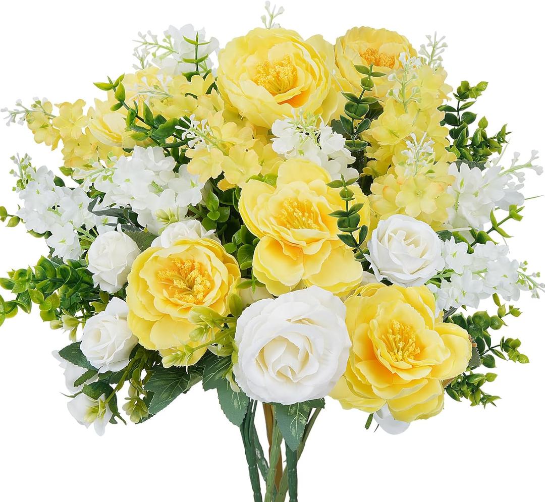 HUAESIN Artificial Flowers Silk Rose Peony Bouquets Yellow White Faux Flowers Summer Floral Arrangements for Indoor Vase Home Table Centerpieces Wedding Outdoor Cemetry Flowers