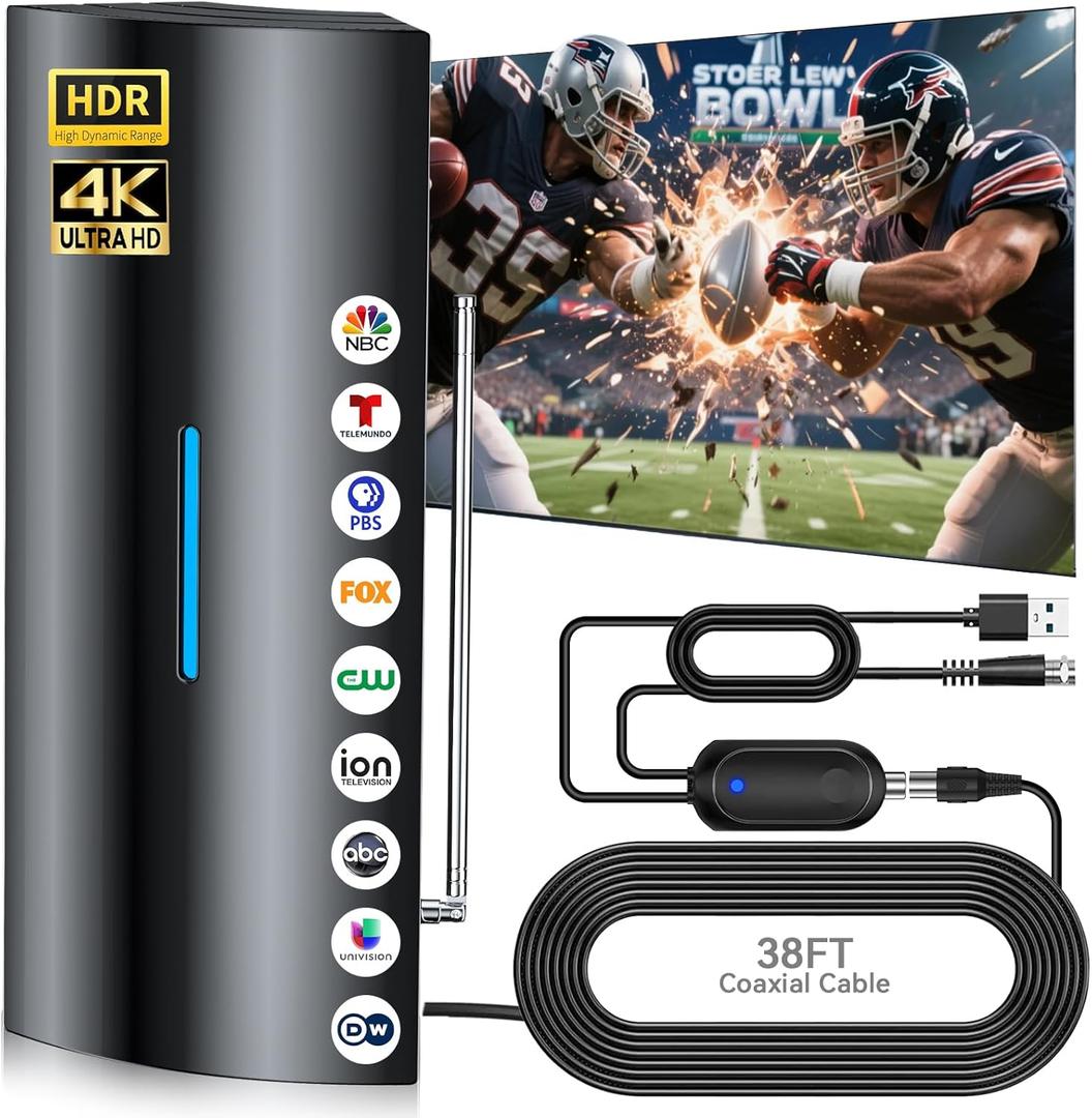 2026 Strongest TV Antenna, 3600+ Miles Range Digital Antenna for Smart TV Indoor/Outdoor, Long Range HDTV Antenna for Local Channels with Amplifier-Supports 8K, 4K, 1080P-38FT Coax Cable