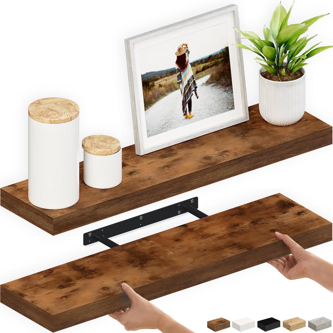 Ballucci Floating Shelves, 36" Wood Wall Shelf Set of 2, with Invisible Brackets for Bathroom, Living Room, Bedroom, Kitchen, Nursery, 6" Deep, Rustic Brown, 35.4 inches