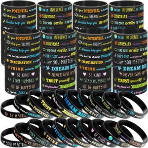 60 Pcs Motivational Silicone Bracelets Motivational Quote Rubber Wristbands Inspirational Silicone Wristband for Kids Children Teens Women Men School Home Office Party Favor Gifts (Black)