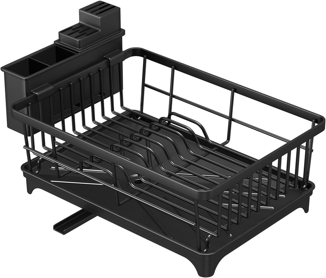 Kmiectse Dish Drying Rack - Space-Saving Small Dish Rack for Kitchen Counter, Rust-Resistant Kitchen Drying Rack, Compact Dish Drainer Organizer with Utensil Holder for Home Kitchen, Black