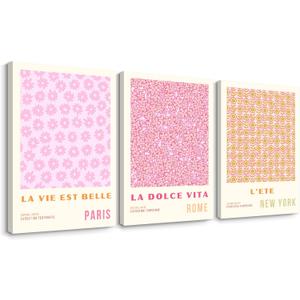 Pink Flower Market Wall Art Decor Aesthetic Abstract Canvas Floral Minimalist Wall Art Pictures Orange Floral Prints Artwork Botanical Flower Poster Colorful Painting 16x24 Inch Framed Set of 3