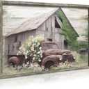 Framed Farmhouse Wood Wall Art: Country Old Truck Artwork Rustic Barn Wooden Painting for Bedroom, 24"L x 16"W