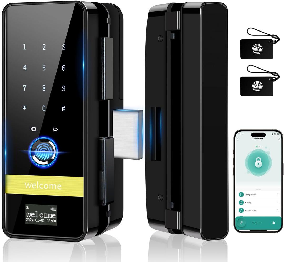 Smart Glass Door Lock,7-in-1 Keyless Entry Fingerprint Deadbolt with App Control, Electronic Digital Locks with Keypad Code, Auto Lock, No-Drill Install,Sliding Door Smart Lock for Office,Home,Store