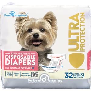 Paw Inspired 32ct Disposable Dog Diapers | Female Dog Diapers Ultra Protection | Diapers for Dogs in Heat, Excitable Urination, or Incontinence  (X-Small (32 Count))