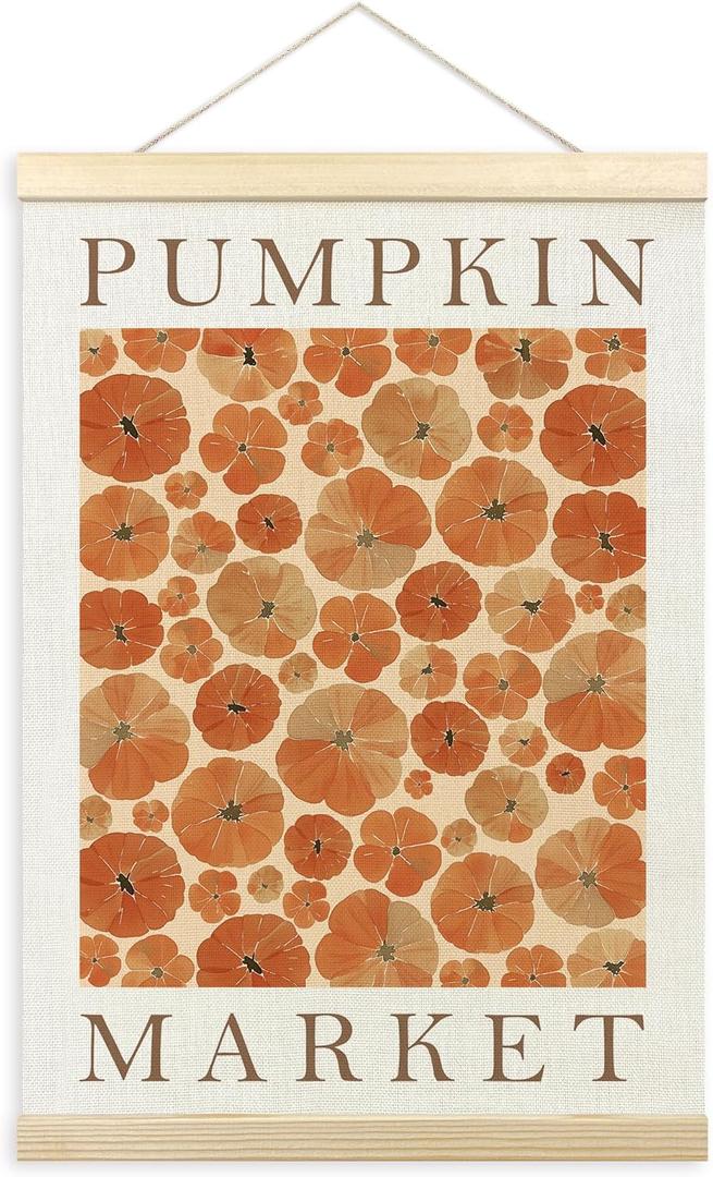 TLESKE Fall Pumpkin Market Poster Hanger Frame, Autumn Pumpkin Flowers Hanging Wall Art Room Decor for Bedroom Living Room, Aesthetic Floral Pumpkin Wall Banner Prints Pictures Artwork, 12x16