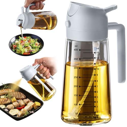 TrendPlain 16oz/470ml Glass Olive Oil Sprayer for Cooking – 2 in 1 Olive Oil Dispenser Bottle for Kitchen Gadgets and Air Fryer Accessories, Salad, BBQ - Ash