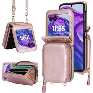 Asuwish Phone Case for Motorola Razr 2025/Moto Razr 60 Wallet Cover with Credit Card Holder Zipper Slot Crossbody Strap Lanyard RFID Blocking Mobile Purse Cell Razr2025 5G 256GB Women Girls Rose Gold