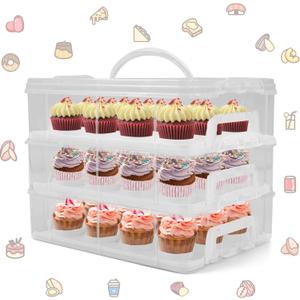 Cupcake Carrier, 3-Tiers Cupcake Containers, Holds 36 Cupcakes or 3 Large Cakes, Cupcake Holder, Cupcake Box with Lid and Handle (White, Basic)