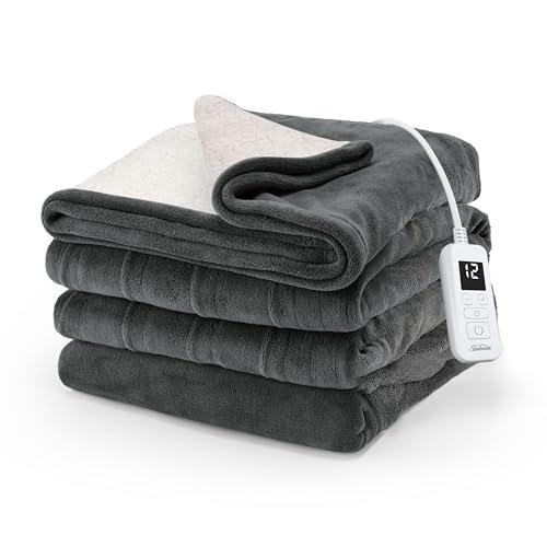 Sunbeam Electric Royal Luxe Microplush Reverse Sherpa Heated Blanket, 12 Heat Settings, 12-Hour Selectable Auto Shut-Off, Fast Heating, Warm and Cozy, Night Fog color, Twin, 84" x 62"