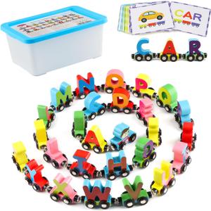 Wondertoys Wooden Alphabet Train Toy 27 PCS Magnetic Alphabet ABC Letter Train Set Includes 42 PCS Flash Cards, 1 Engine and 1 Storage Box for Toddlers Kids Boys and Girls Wondertoys Wooden Alphabet Train Toy 27 PCS Magnetic Alphabet ABC Letter Train Set Includes 42 PCS Flash Cards, 1 Engine and 1 Storage Box for Toddlers Kids Boys and Girls