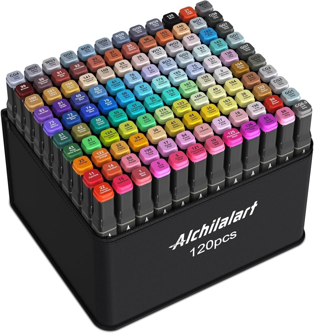 alchilalart 120 Colors Alcohol Markers Set, Dual Tip Art Markers with Case, Premium Artist Pens for Adult Coloring Books, Journaling, Sketching, Manga, Card Making, Gifts for Kids Teens & Women