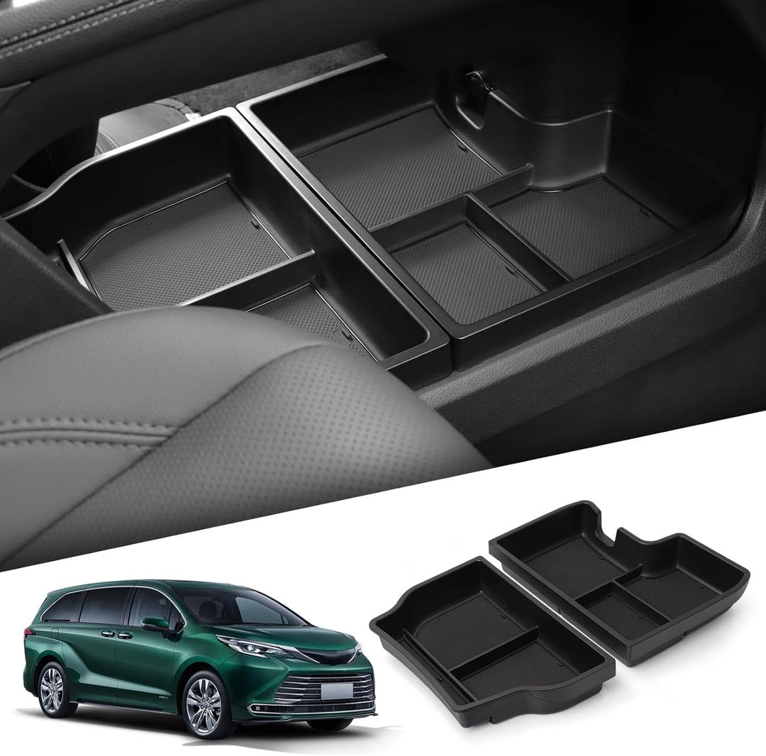 smabee 2PCS Center Console Organizer Lower Tray for Toyota Sienna 2021-2025 Accessories, ABS Lower Center Console Tray Interior Storage Box Interior Black