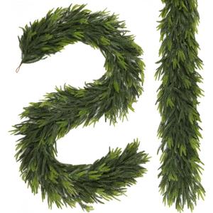 N&T NIETING 2 PCS Christmas Garland Norfolk Pine Garland Real Touch Faux Christmas Greenery Xmas Garland for Mantle, Table Holiday Winter Indoor Outdoor Christmas Decorations (9 FT)