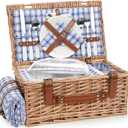 Wicker Picnic Basket Set for 2 Persons with Waterproof Picnic Blanket and Large Insulated Cooler Compartment, Willow Picnic Hamper Basket with Cutlery Service Kits for Camping, Wedding (Red) (Blue)
