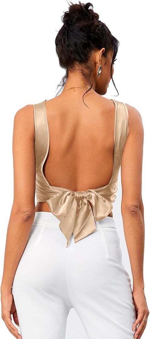 OYOANGLE Women's Satin Crop Top Bowknot Backless Sleeveless Ruched Party Blouse Going Out Champagne S