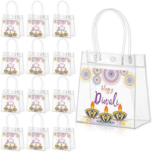 Kolldenn 22 Pcs Happy Diwali Clear PVC Gift Bags with Handle, Rangoli Transparent Totes Bag, Reusable Goodie Treat Holder for Indian Deepavali Party Supplies Diwali Decorations (6.31"x 5.91"x 3.15")